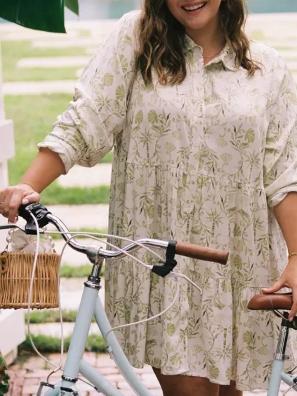 Floral Button-Front Tiered Shirt Dress in Sage Green, SZ 00X, NWT